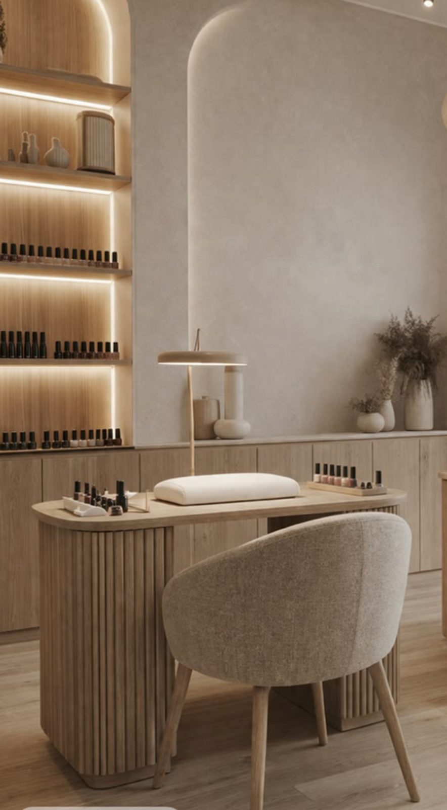 Manicure stations with soft upholstered chairs