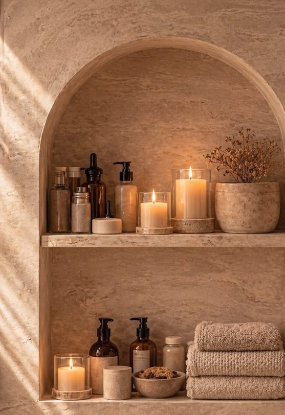 Candles and amber apothecary bottles in an arched travertine niche