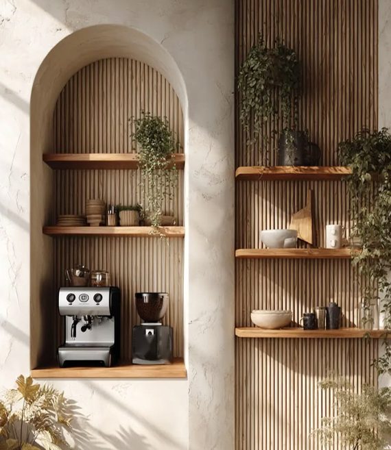 An arched alcove with oak shelves and a coffee station